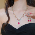 Alloy Rhinestone Bow Flower Teardrop Pendant Earrings Necklace Bracelet Jewelry Set Vintage Court Style view 2