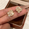 Gold Tone Copper White Mother Of Pearl Camellia Flower Clip-on Earrings Elegant Light Luxury Style view 3