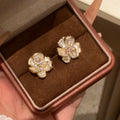 Gold Tone Copper White Mother Of Pearl Camellia Flower Clip-on Earrings Elegant Light Luxury Style view 2