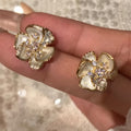 Gold Tone Copper White Mother Of Pearl Camellia Flower Clip-on Earrings Elegant Light Luxury Style view 1