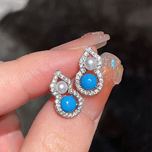 Light Luxury Zircon Gourd Faux Pearl Stud Earrings Vintage Geometric Design for Women