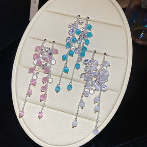 Light Luxury Cat Eye Stone Zircon Geometric Tassel Drop Earrings With Silver Needle For OL Style