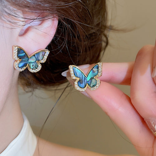 Aurora Iridescent Natural Green Shell Butterfly Stud Earrings Light Luxury Unique Design