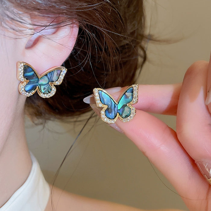 Aurora Iridescent Natural Green Shell Butterfly Stud Earrings Light Luxury Unique Design