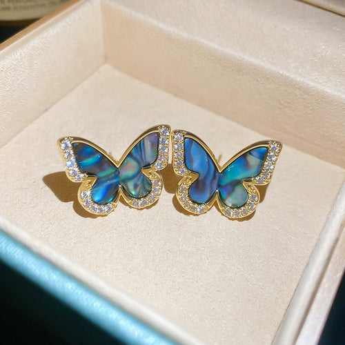 Aurora Iridescent Natural Green Shell Butterfly Stud Earrings Light Luxury Unique Design