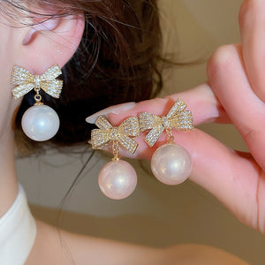 French Elegant Bow Faux Pearl Stud Earrings, Shiny Light Luxury Niche Design