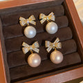 French Elegant Bow Faux Pearl Stud Earrings, Shiny Light Luxury Niche Design view 4