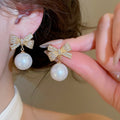 French Elegant Bow Faux Pearl Stud Earrings, Shiny Light Luxury Niche Design view 3