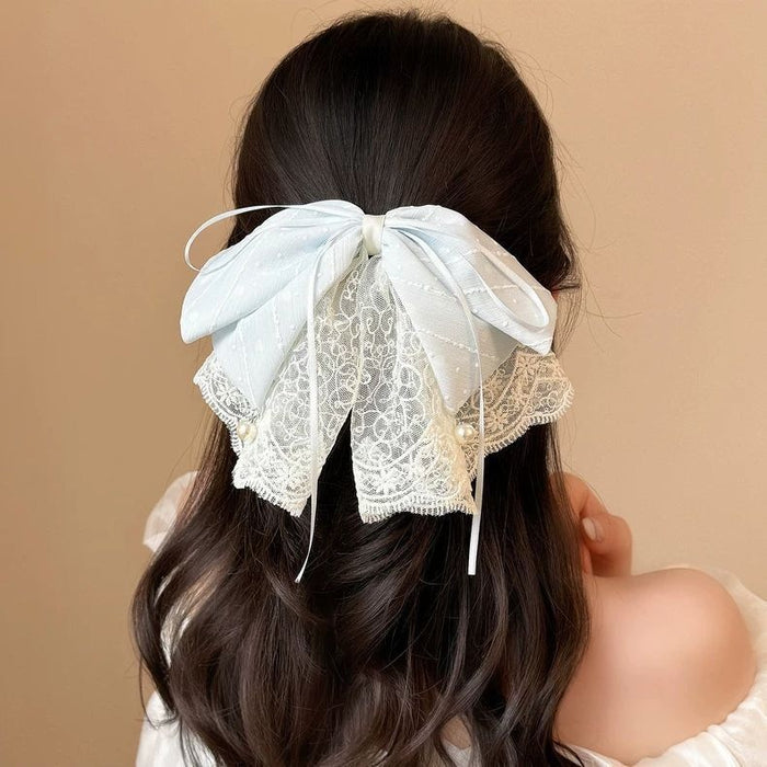 Mesh Lace Bow Claw Clip With Striped Chiffon