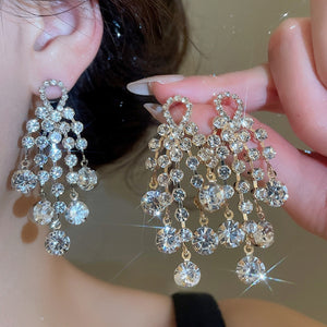Copper Full Rhinestone Tassel Drop Earrings Geometric Palace Style Banquet Dress Jewelry