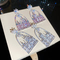 Copper Oval Castle Stud Earrings With Sparkling Full Rhinestone French Fairy Tale Design view 1