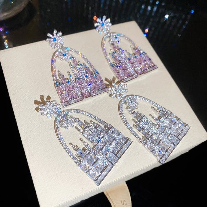 Copper Oval Castle Stud Earrings With Sparkling Full Rhinestone French Fairy Tale Design
