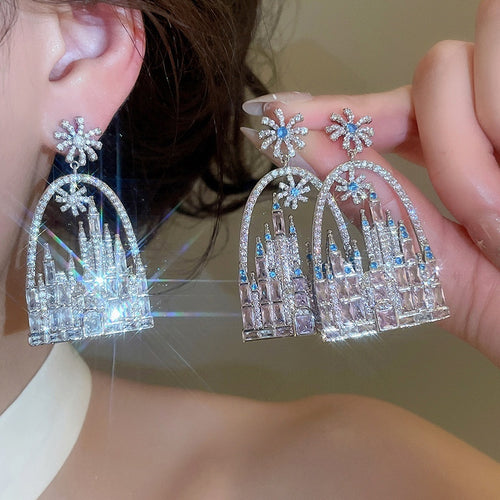 Copper Oval Castle Stud Earrings With Sparkling Full Rhinestone French Fairy Tale Design