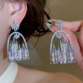Copper Oval Castle Stud Earrings With Sparkling Full Rhinestone French Fairy Tale Design view 4