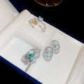 Light Luxury Oval Aquamarine Copper Ring And Stud Earrings Jewelry Set With Silver Pins view 3