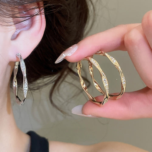 Gold Plated Copper Micro Pave Wave Hoop Earrings For Women, Light Luxury Geometric Round Jewelry