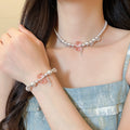 Sweet Faux Pearl Pink Enamel Strawberry Heart Zircon Star Necklace Bracelet Jewelry Set for Women view 4