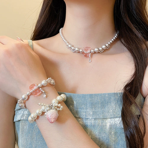 Sweet Faux Pearl Pink Enamel Strawberry Heart Zircon Star Necklace Bracelet Jewelry Set for Women