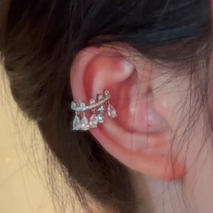 Silver Teardrop Full Rhinestone Copper Clip-on Earrings Korean Minimalist Ear Cuff Style