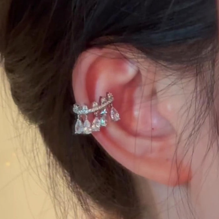 Silver Teardrop Full Rhinestone Copper Clip-on Earrings Korean Minimalist Ear Cuff Style
