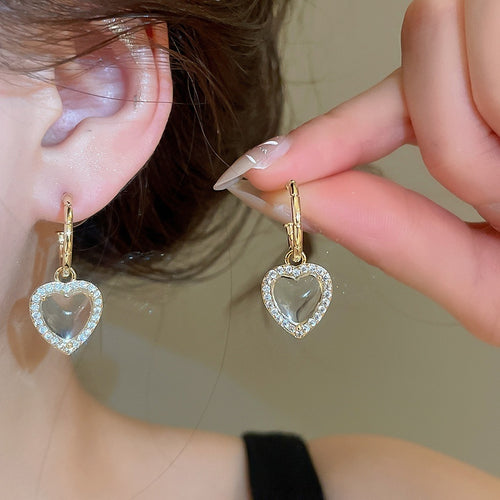French Vintage Heart Zircon Tassel Drop Earrings, Light Luxury Copper Jewelry