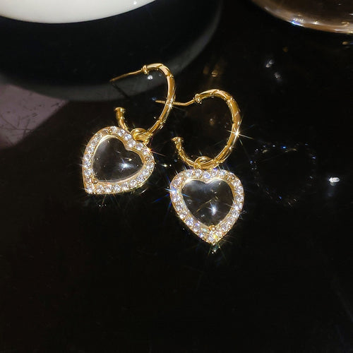 French Vintage Heart Zircon Tassel Drop Earrings, Light Luxury Copper Jewelry