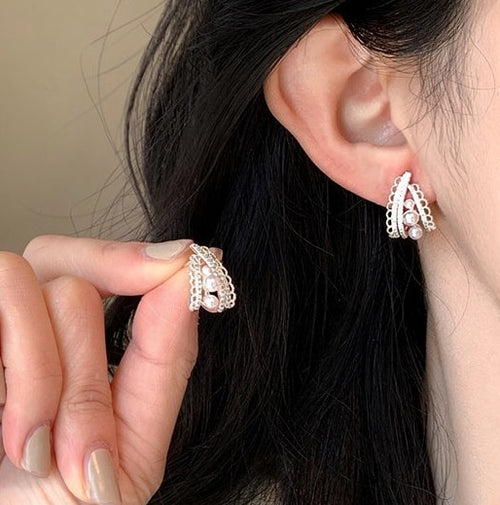 French Lace Faux Pearl Teardrop Clip-on Earrings For Women Light Luxury No-Piercing Jewelry