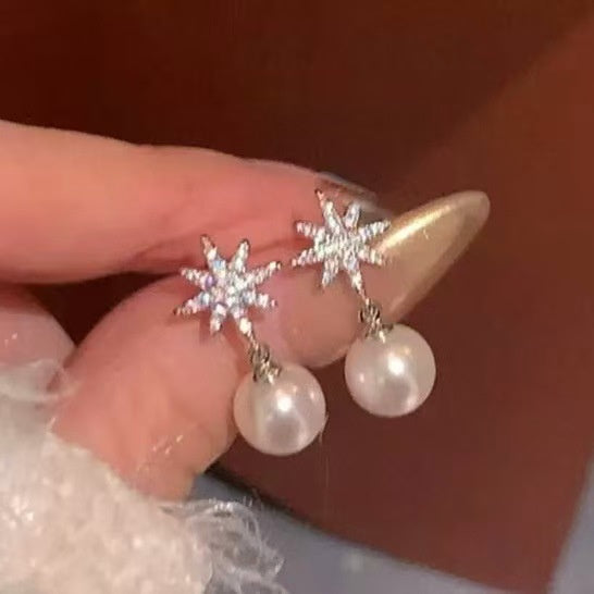 Korean Style Sparkling Zircon Eight Point Star Snowflake Faux Pearl Stud Earrings