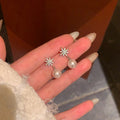 Korean Style Sparkling Zircon Eight Point Star Snowflake Faux Pearl Stud Earrings view 3