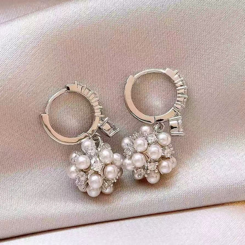 Silver Floral Ball Faux Pearl Stud Earrings For Women Light Luxury Geometric Round Fashion Jewelry