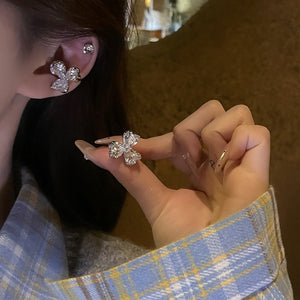 Light Luxury Copper Rhinestone Heart Flower Ear Cuff Clip-on Earrings for Women