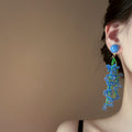 French Romantic Blue Green Glass Beaded Floral Tassel Drop Earrings Resort Style Flower Design view 2