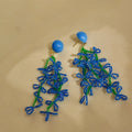 French Romantic Blue Green Glass Beaded Floral Tassel Drop Earrings Resort Style Flower Design view 3