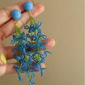 French Romantic Blue Green Glass Beaded Floral Tassel Drop Earrings Resort Style Flower Design view 1
