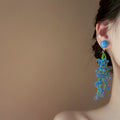 French Romantic Blue Green Glass Beaded Floral Tassel Drop Earrings Resort Style Flower Design view 4