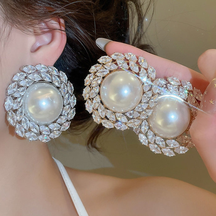 Geometric Round Faux Pearl Zircon Stud Earrings, Light Luxury European Style Statement Jewelry