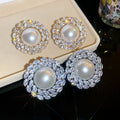 Geometric Round Faux Pearl Zircon Stud Earrings, Light Luxury European Style Statement Jewelry view 4