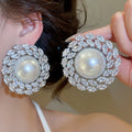 Geometric Round Faux Pearl Zircon Stud Earrings, Light Luxury European Style Statement Jewelry view 3