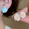 Iron Champagne Pink Gradient Camellia Flower Stud Earrings Sweet Light Luxury Spring Jewelry view 2