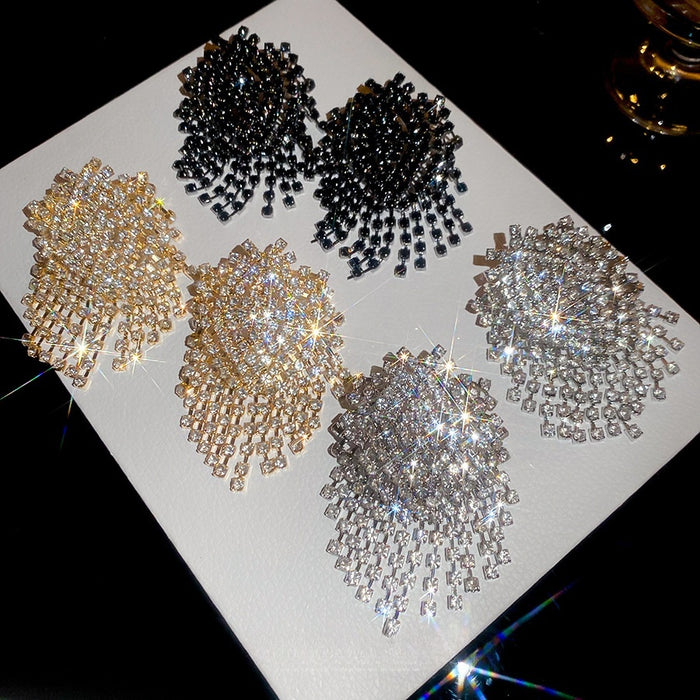 Luxury Full Rhinestone Geometric Tassel Copper Stud Earrings, Exaggerated Fashion Statement Jewelry