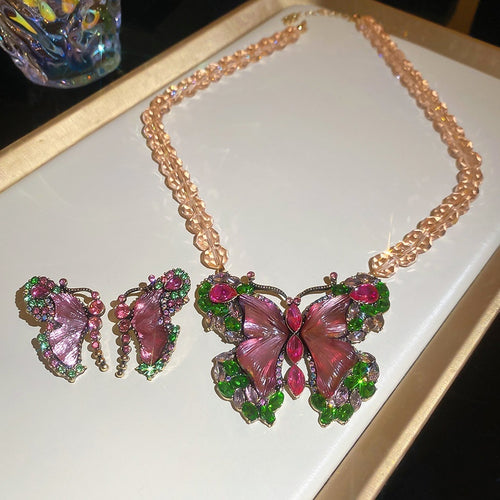 Vintage Butterfly Rhinestone Alloy Necklace And Stud Earrings Jewelry Set For Women