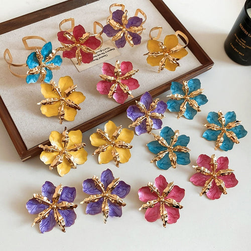 Vintage Enamel Flower Statement Iron Jewelry Set With Ring Stud Earrings And Bracelet