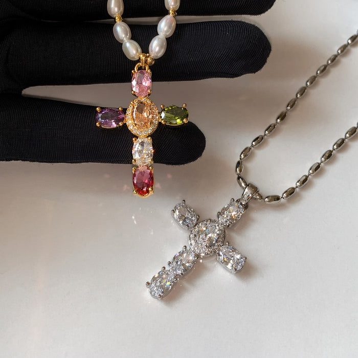 Maillard Style Faux Pearl Colorful Zircon Cross Long Geometric Necklace For Women