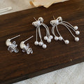 Faux Pearl Tassel Drop Earrings With Rhinestone Teardrop Bow, Playful Geometric Stud Style view 4