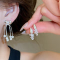 Faux Pearl Tassel Drop Earrings With Rhinestone Teardrop Bow, Playful Geometric Stud Style view 1