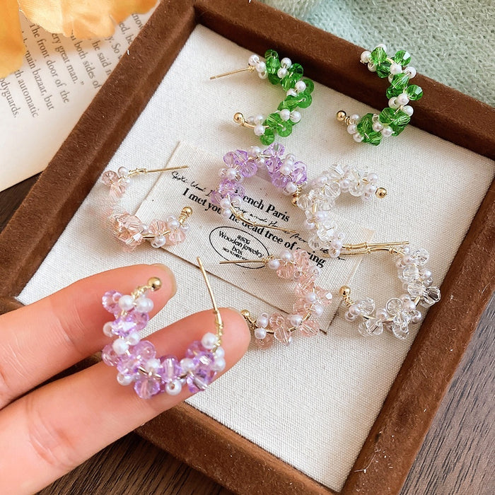 Fresh Style C Shape Crystal Beaded Faux Pearl Stud Earrings With Silver Pins