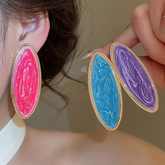 European American Enamel Oval Iron Stud Earrings Light Luxury Geometric Statement Jewelry