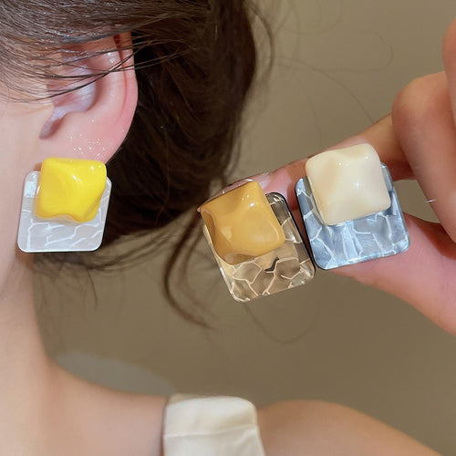 Modern Minimalist Resin Square Pleated Stud Earrings For Women Geometric Dopamine Light Luxury Jewelry