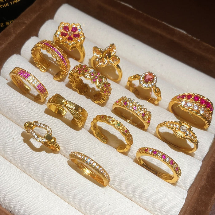 24K Gold Plated Copper Zircon Rhombus Flower Ring, New Chinese Minimalist Luxury Style for Women