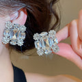 Light Luxury Square Crystal Full Rhinestone Copper Clip-on Earrings For Non Pierced Women view 3